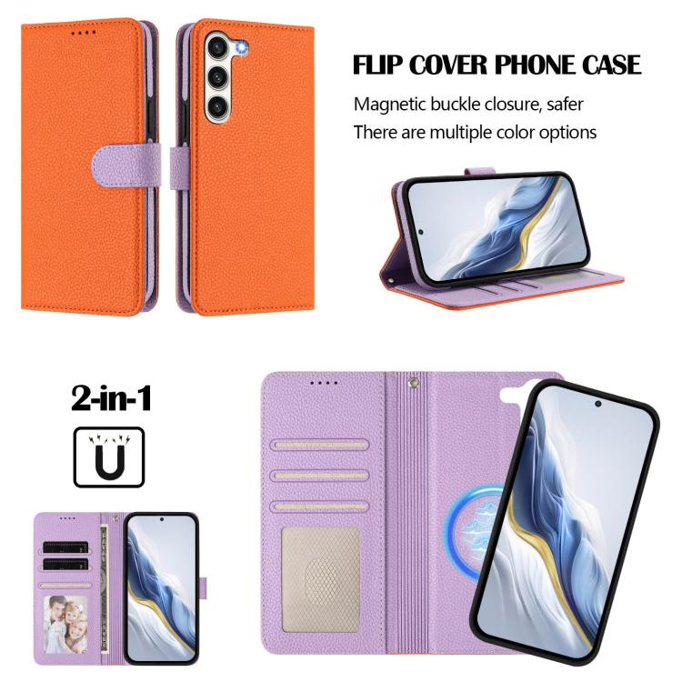 For Samsung Galaxy S23 5G Detachable Litchi Texture Magnetic Side-Patch Vegan Leather Phone Case