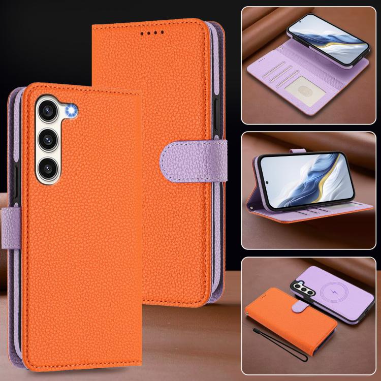 For Samsung Galaxy S23 5G Detachable Litchi Texture Magnetic Side-Patch Vegan Leather Phone Case