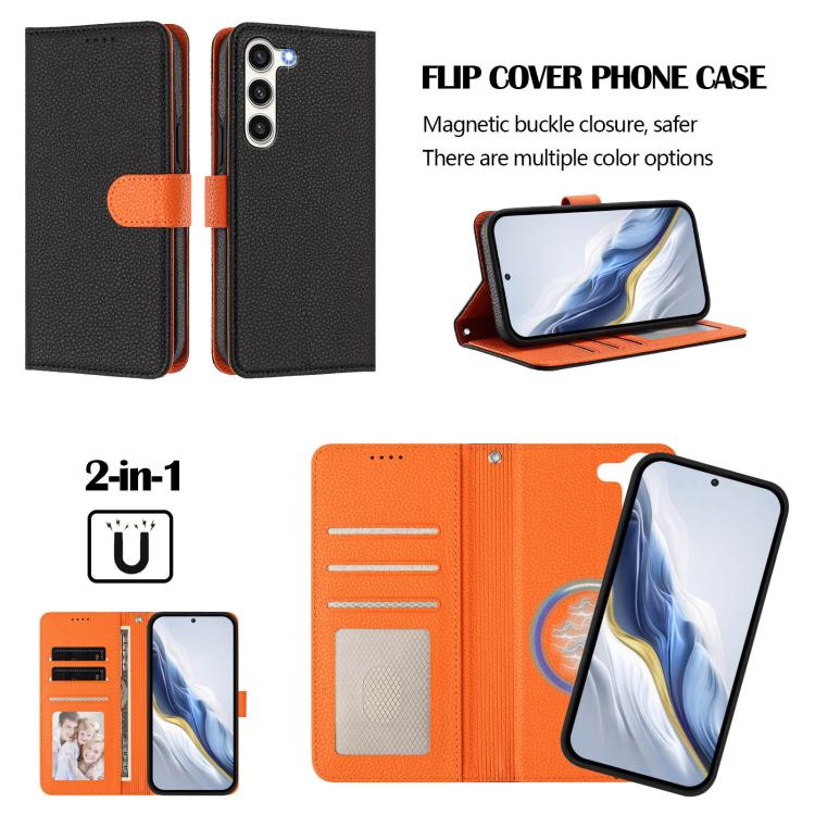 For Samsung Galaxy S23 5G Detachable Litchi Texture Magnetic Side-Patch Vegan Leather Phone Case