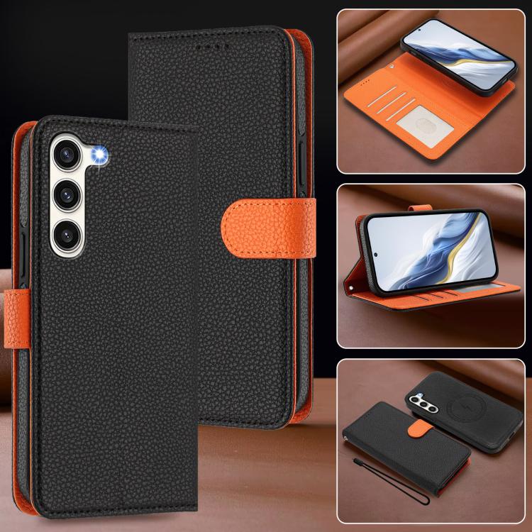 For Samsung Galaxy S23 5G Detachable Litchi Texture Magnetic Side-Patch Vegan Leather Phone Case