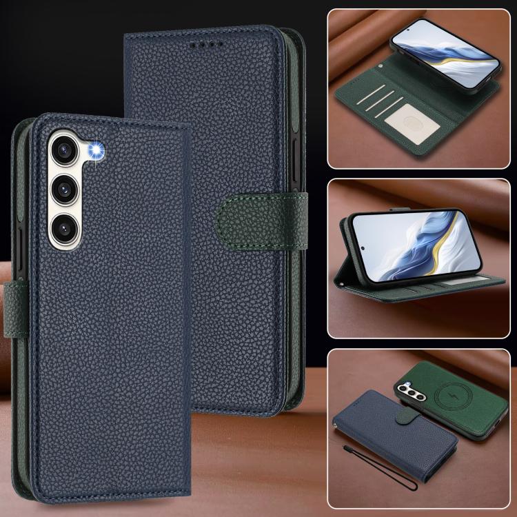 For Samsung Galaxy S23 5G Detachable Litchi Texture Magnetic Side-Patch Vegan Leather Phone Case