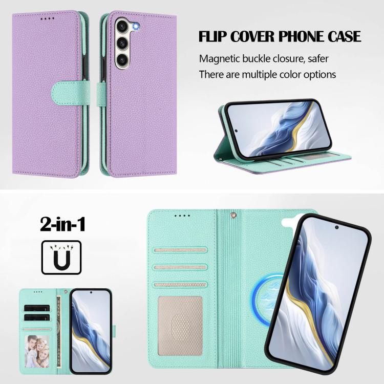 For Samsung Galaxy S23 5G Detachable Litchi Texture Magnetic Side-Patch Vegan Leather Phone Case
