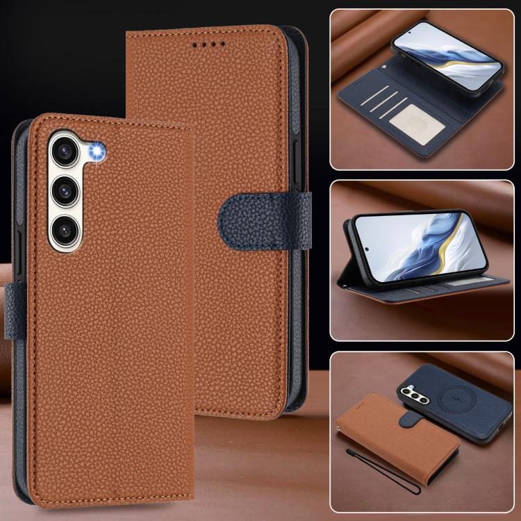 For Samsung Galaxy S23 5G Detachable Litchi Texture Magnetic Side-Patch Vegan Leather Phone Case