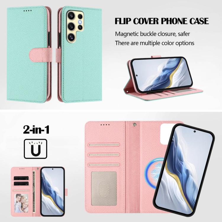 For Samsung Galaxy S23 Ultra 5G Detachable Litchi Texture Magnetic Side-Patch Vegan Leather Phone Case