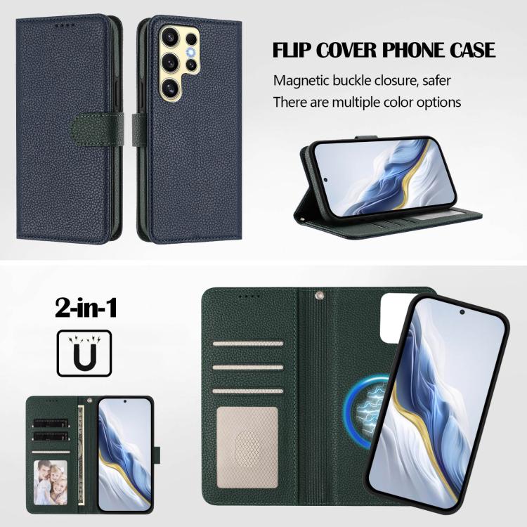 For Samsung Galaxy S23 Ultra 5G Detachable Litchi Texture Magnetic Side-Patch Vegan Leather Phone Case