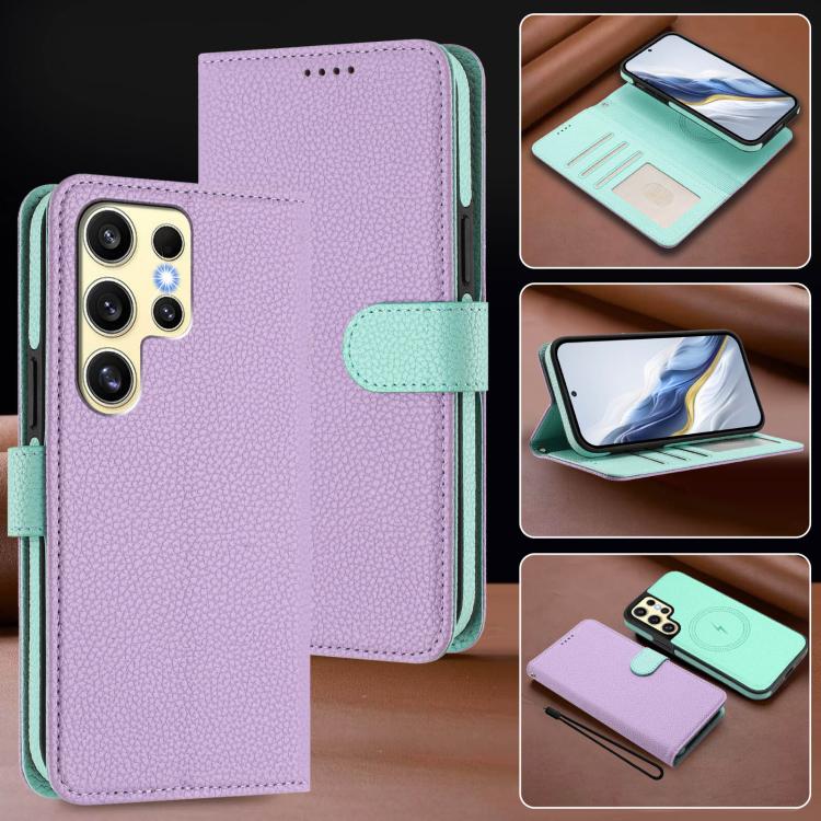 For Samsung Galaxy S23 Ultra 5G Detachable Litchi Texture Magnetic Side-Patch Vegan Leather Phone Case