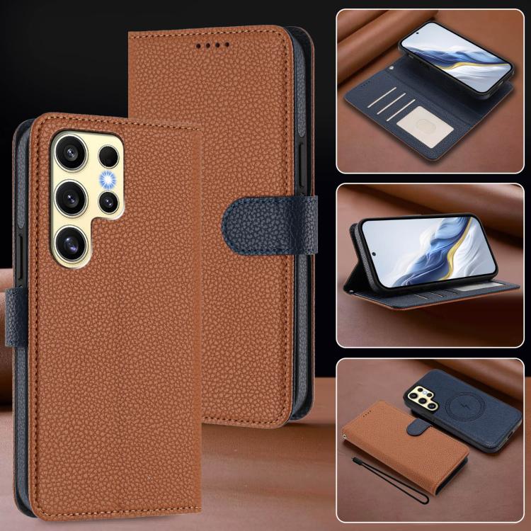 For Samsung Galaxy S23 Ultra 5G Detachable Litchi Texture Magnetic Side-Patch Vegan Leather Phone Case