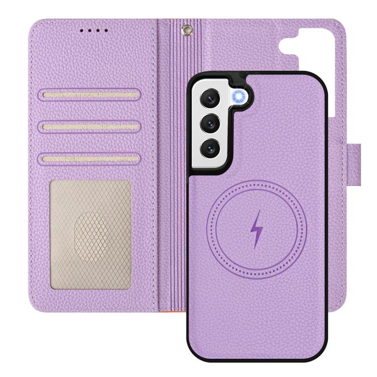 For Samsung Galaxy S22 5G Detachable Litchi Texture Magnetic Side-Patch Vegan Leather Phone Case