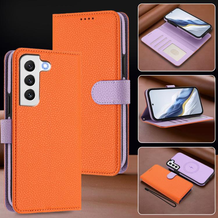 For Samsung Galaxy S22 5G Detachable Litchi Texture Magnetic Side-Patch Vegan Leather Phone Case
