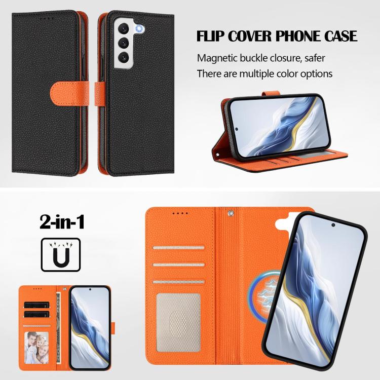 For Samsung Galaxy S22 5G Detachable Litchi Texture Magnetic Side-Patch Vegan Leather Phone Case
