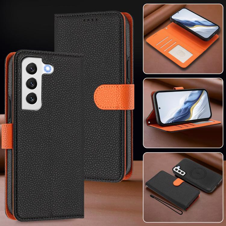 For Samsung Galaxy S22 5G Detachable Litchi Texture Magnetic Side-Patch Vegan Leather Phone Case