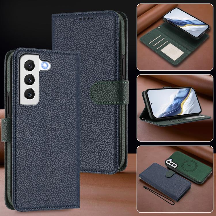 For Samsung Galaxy S22 5G Detachable Litchi Texture Magnetic Side-Patch Vegan Leather Phone Case
