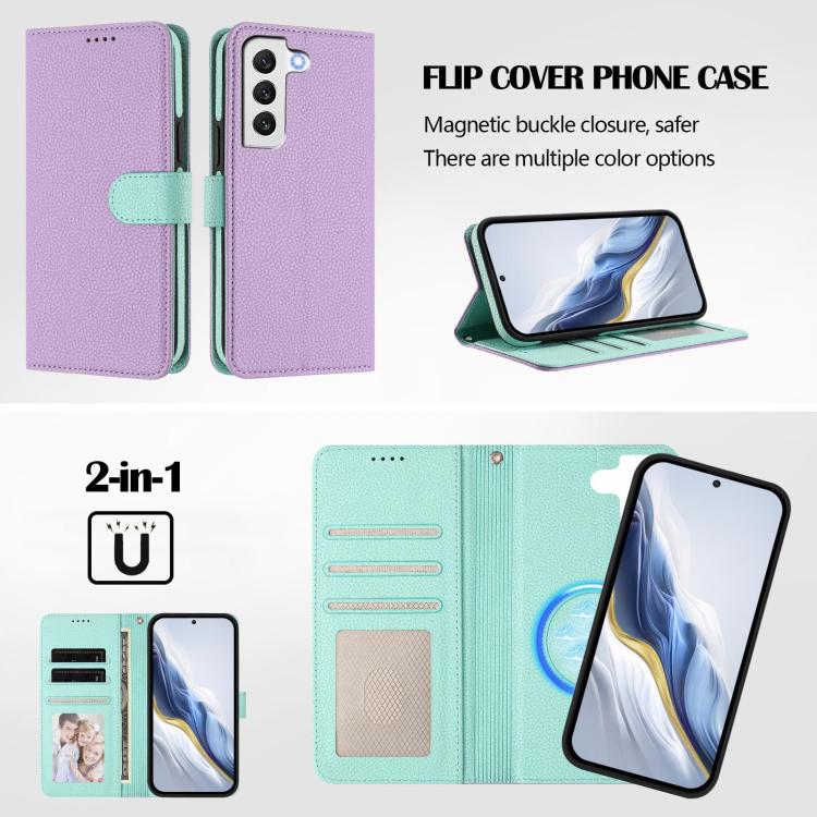 For Samsung Galaxy S22 5G Detachable Litchi Texture Magnetic Side-Patch Vegan Leather Phone Case