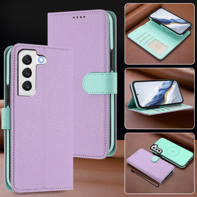 For Samsung Galaxy S22 5G Detachable Litchi Texture Magnetic Side-Patch Vegan Leather Phone Case