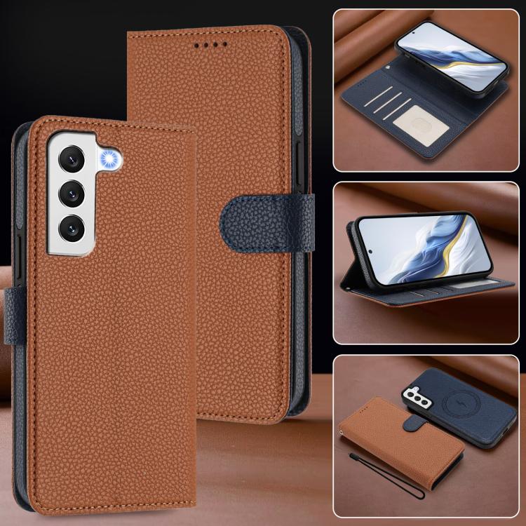 For Samsung Galaxy S22 5G Detachable Litchi Texture Magnetic Side-Patch Vegan Leather Phone Case