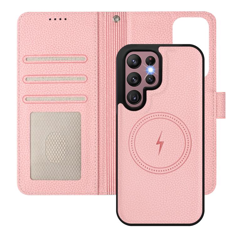 For Samsung Galaxy S22 Ultra 5G Detachable Litchi Texture Magnetic Side-Patch Vegan Leather Phone Case