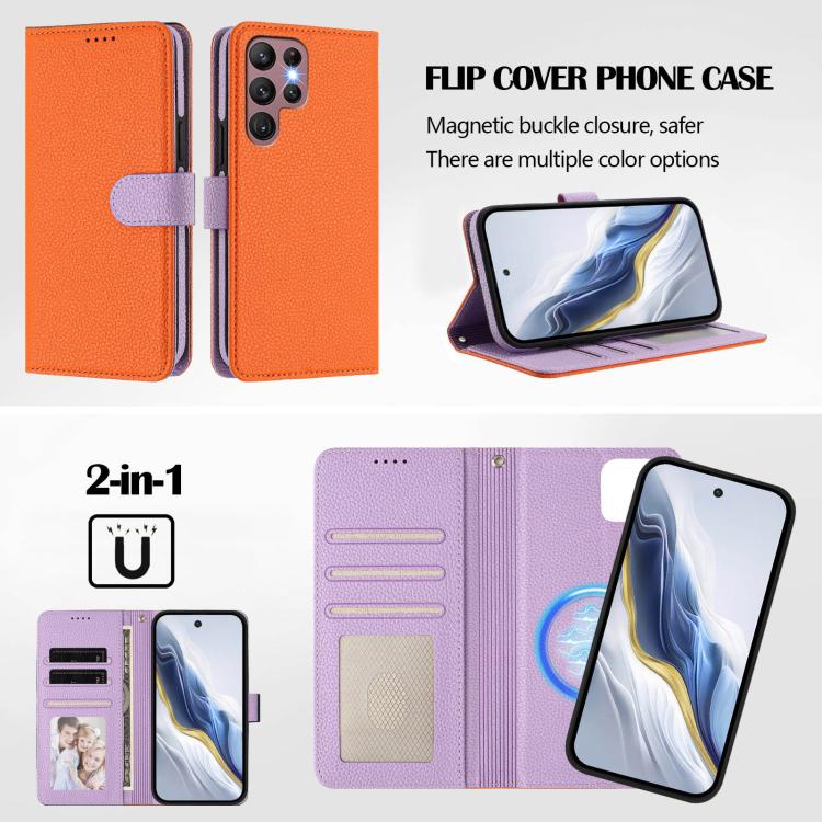 For Samsung Galaxy S22 Ultra 5G Detachable Litchi Texture Magnetic Side-Patch Vegan Leather Phone Case
