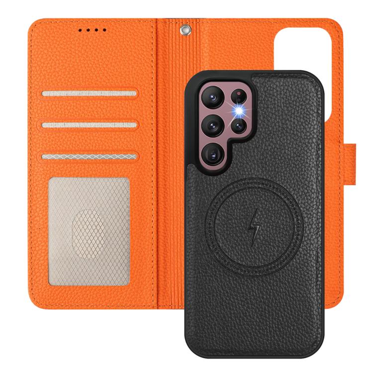 For Samsung Galaxy S22 Ultra 5G Detachable Litchi Texture Magnetic Side-Patch Vegan Leather Phone Case