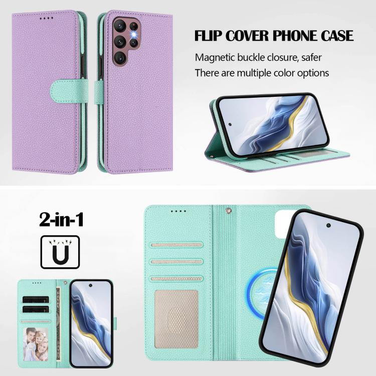 For Samsung Galaxy S22 Ultra 5G Detachable Litchi Texture Magnetic Side-Patch Vegan Leather Phone Case