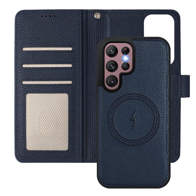 For Samsung Galaxy S22 Ultra 5G Detachable Litchi Texture Magnetic Side-Patch Vegan Leather Phone Case