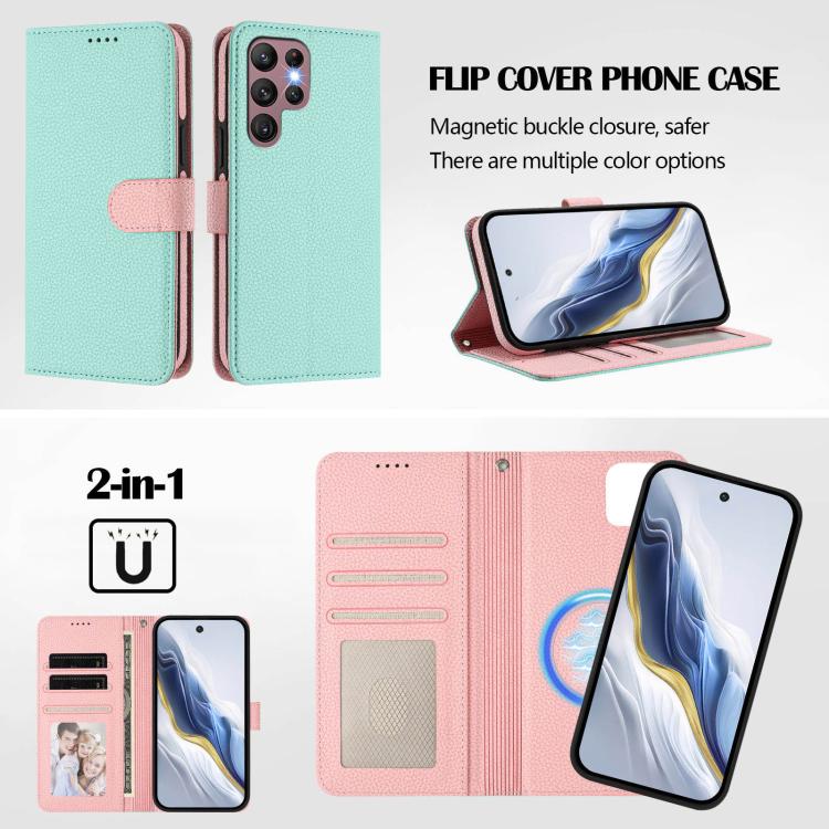 For Samsung Galaxy S21 Ultra 5G Detachable Litchi Texture Magnetic Side-Patch Vegan Leather Phone Case
