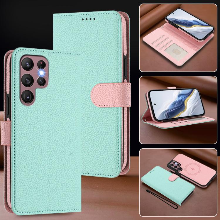 For Samsung Galaxy S21 Ultra 5G Detachable Litchi Texture Magnetic Side-Patch Vegan Leather Phone Case