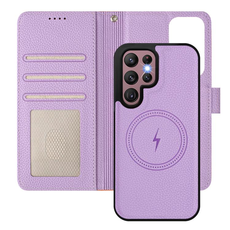 For Samsung Galaxy S21 Ultra 5G Detachable Litchi Texture Magnetic Side-Patch Vegan Leather Phone Case