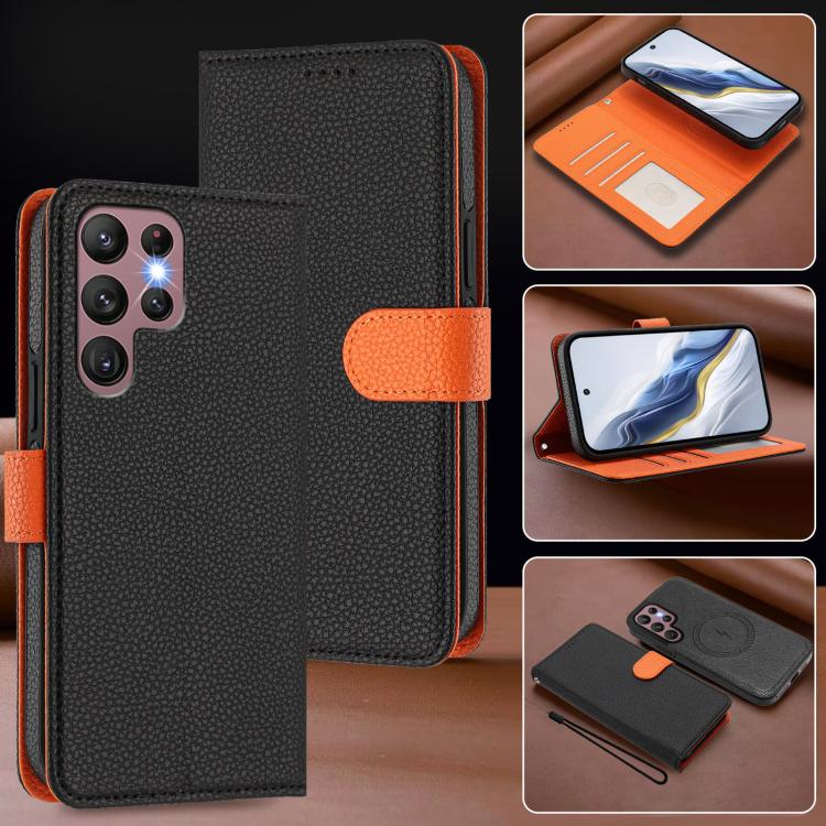 For Samsung Galaxy S21 Ultra 5G Detachable Litchi Texture Magnetic Side-Patch Vegan Leather Phone Case