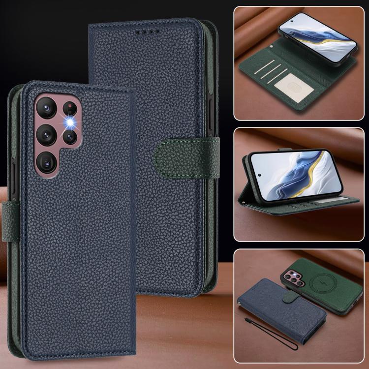 For Samsung Galaxy S21 Ultra 5G Detachable Litchi Texture Magnetic Side-Patch Vegan Leather Phone Case