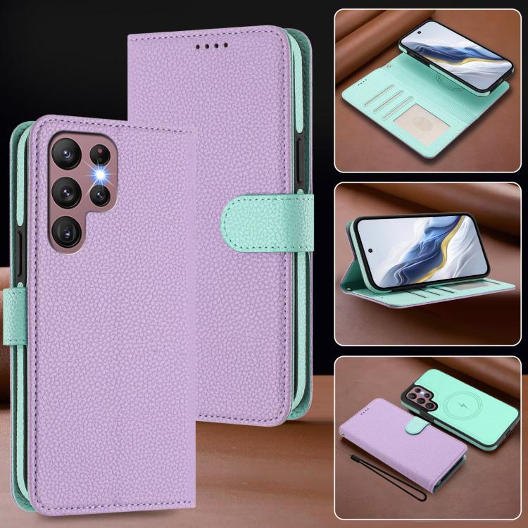 For Samsung Galaxy S21 Ultra 5G Detachable Litchi Texture Magnetic Side-Patch Vegan Leather Phone Case