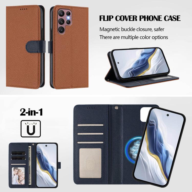 For Samsung Galaxy S21 Ultra 5G Detachable Litchi Texture Magnetic Side-Patch Vegan Leather Phone Case