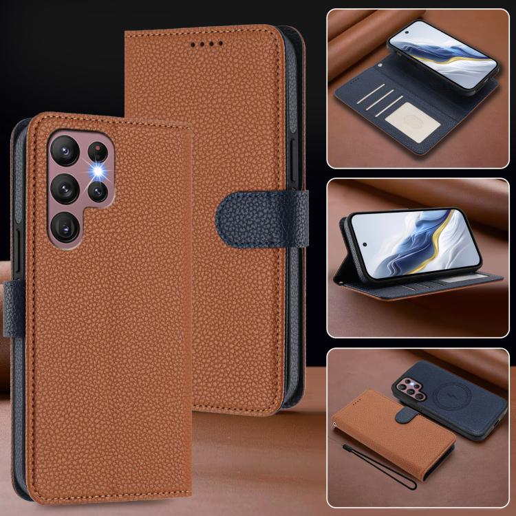 For Samsung Galaxy S21 Ultra 5G Detachable Litchi Texture Magnetic Side-Patch Vegan Leather Phone Case