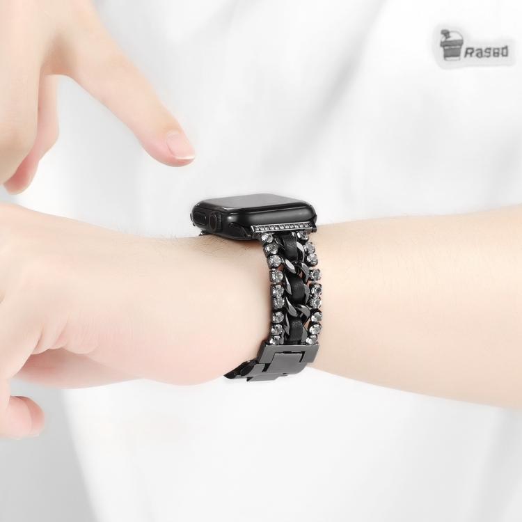For Apple Watch 46mm / 49mm / 45mm / 44mm Diamond Vegan Leather Metal Watch Band