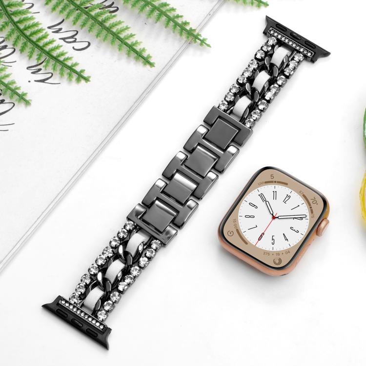 For Apple Watch 46mm / 49mm / 45mm / 44mm Diamond Vegan Leather Metal Watch Band