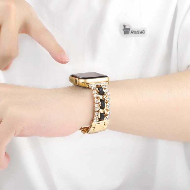 For Apple Watch 46mm / 49mm / 45mm / 44mm Diamond Vegan Leather Metal Watch Band