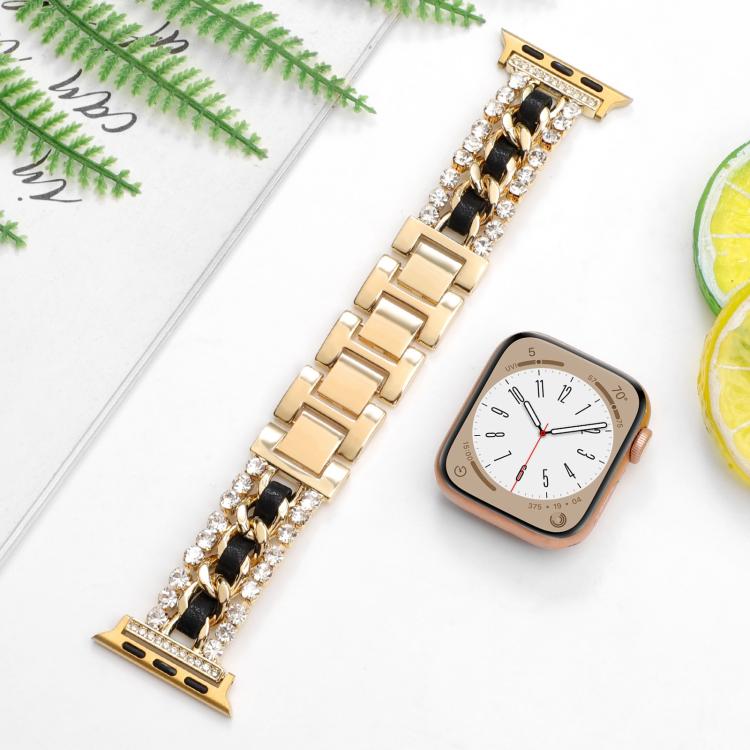 For Apple Watch 46mm / 49mm / 45mm / 44mm Diamond Vegan Leather Metal Watch Band