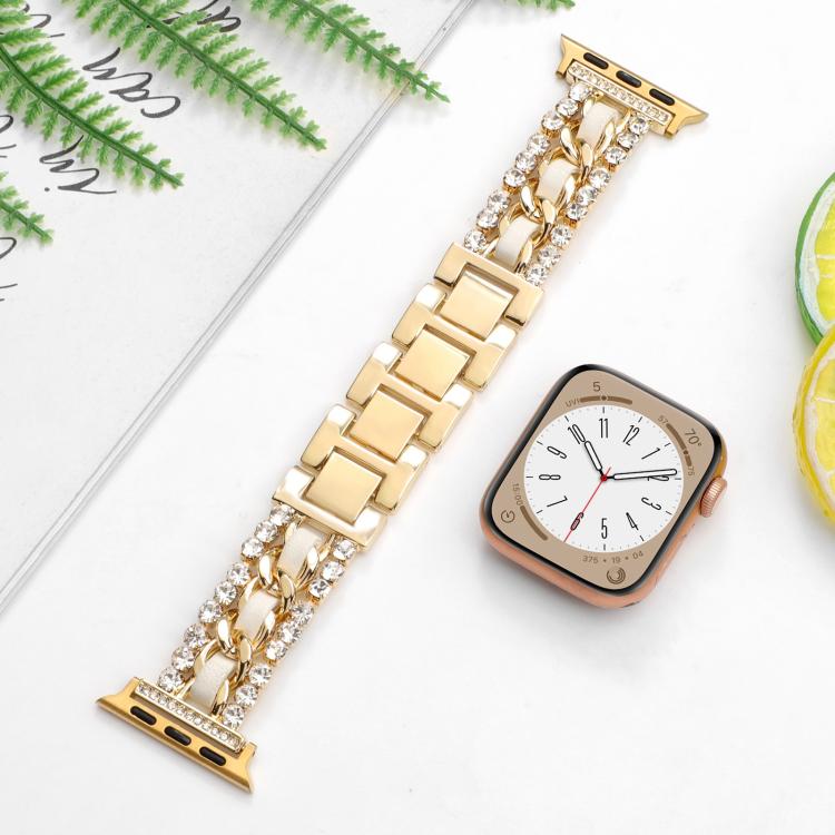 For Apple Watch 46mm / 49mm / 45mm / 44mm Diamond Vegan Leather Metal Watch Band