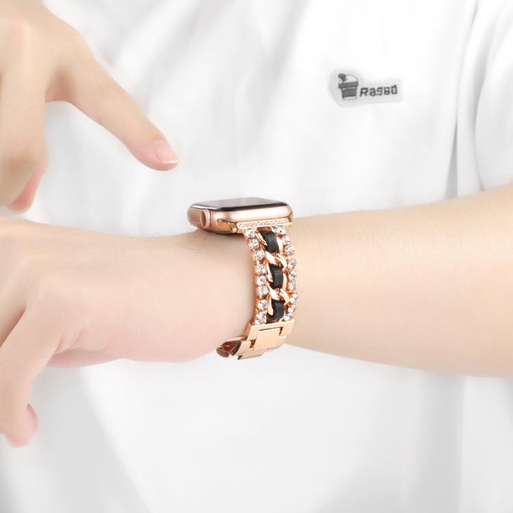 For Apple Watch 46mm / 49mm / 45mm / 44mm Diamond Vegan Leather Metal Watch Band