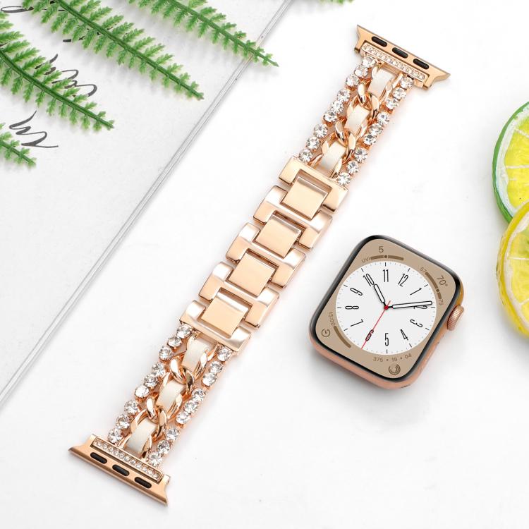 For Apple Watch 46mm / 49mm / 45mm / 44mm Diamond Vegan Leather Metal Watch Band