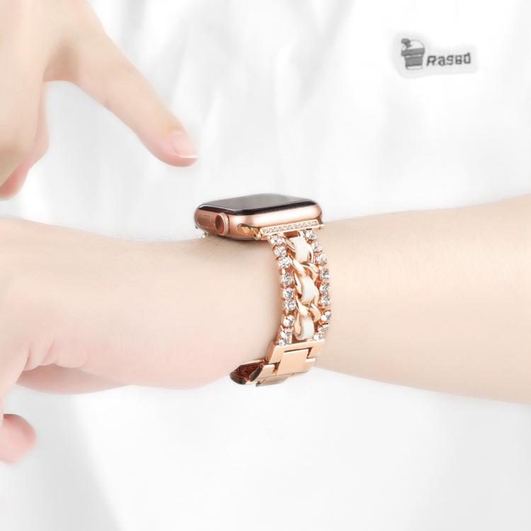 For Apple Watch 46mm / 49mm / 45mm / 44mm Diamond Vegan Leather Metal Watch Band