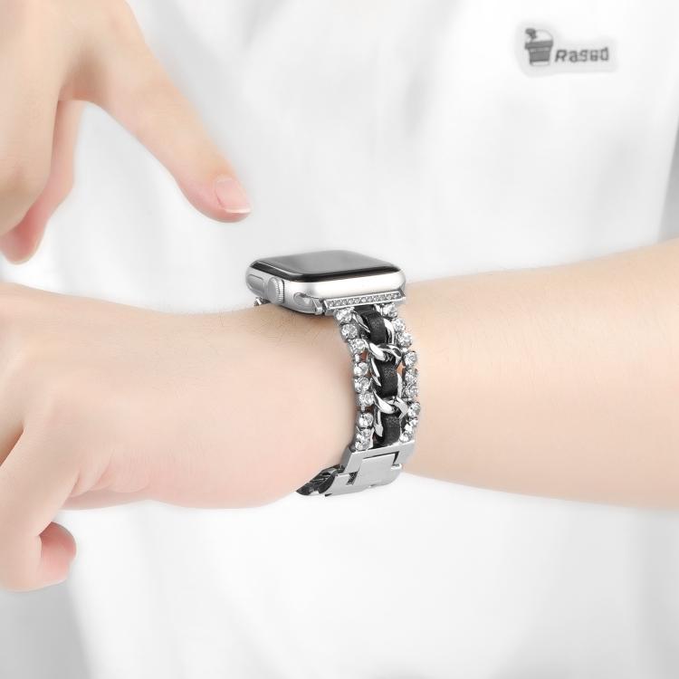 For Apple Watch 46mm / 49mm / 45mm / 44mm Diamond Vegan Leather Metal Watch Band