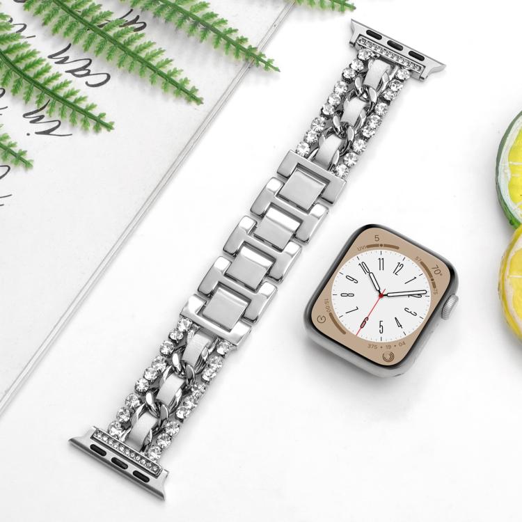 For Apple Watch 46mm / 49mm / 45mm / 44mm Diamond Vegan Leather Metal Watch Band