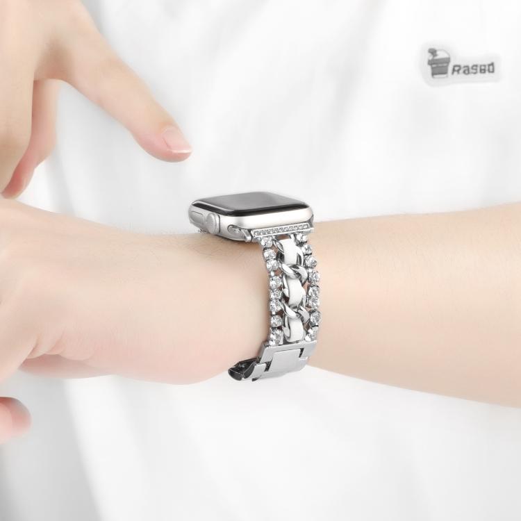 For Apple Watch 46mm / 49mm / 45mm / 44mm Diamond Vegan Leather Metal Watch Band