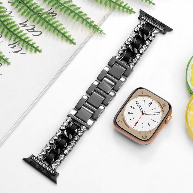 For Apple Watch 42mm / 41mm / 40mm / 38mm Diamond Vegan Leather Metal Watch Band