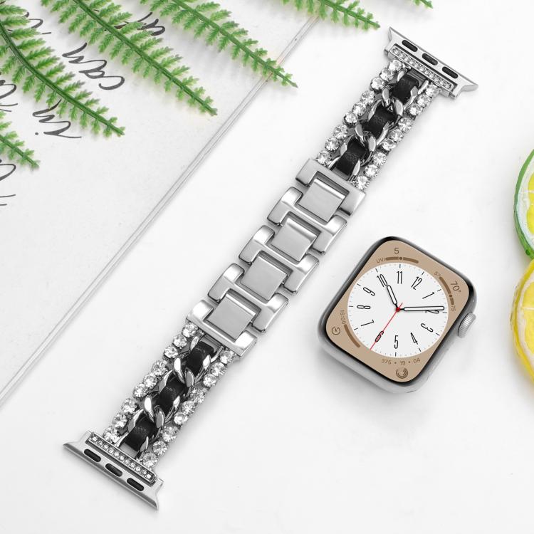 For Apple Watch 42mm / 41mm / 40mm / 38mm Diamond Vegan Leather Metal Watch Band