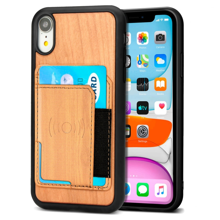 For iPhone XR Wood Grain PU+TPU Protective Case with Card Slot