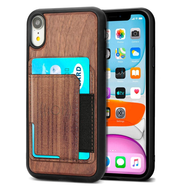 For iPhone XR Wood Grain PU+TPU Protective Case with Card Slot