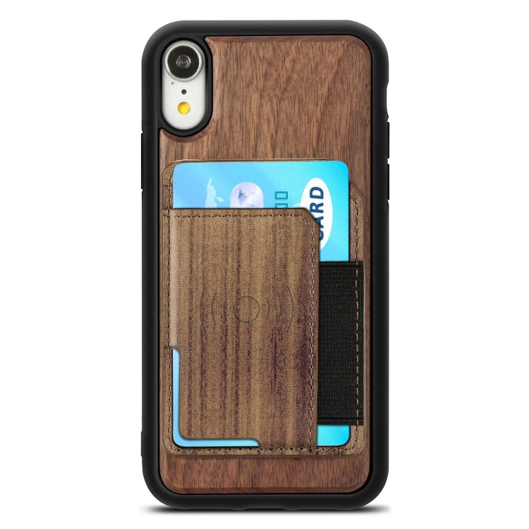 For iPhone XR Wood Grain PU+TPU Protective Case with Card Slot