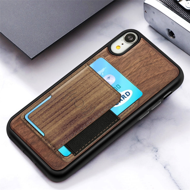 For iPhone XR Wood Grain PU+TPU Protective Case with Card Slot