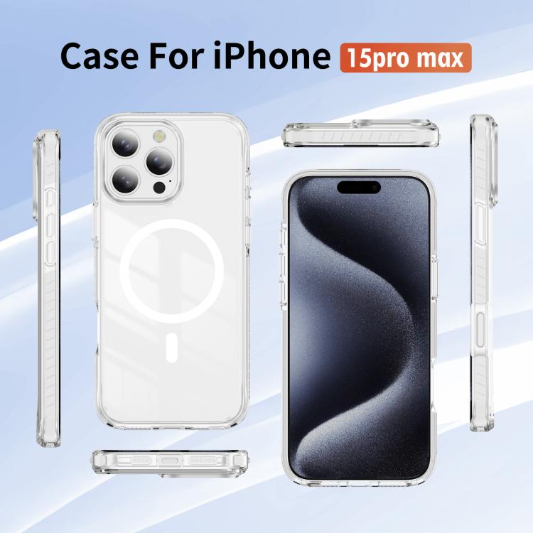 For iPhone 15 Pro Max Crystal Shield Clear Magnetic Acrylic Hybrid TPU Phone Case